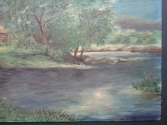 Vintage Oil Painting Night Lake Cabin Moon Light New England Country Cottage