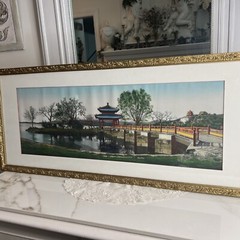 Antique gesso wood Frame Pagoda Fabric Painting Yard long Asian vtg oriental