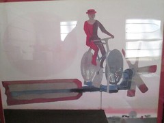 Vintage 35.25″ x 29.25″ Wood Frame Man & Bicycle Weathervane Watercolor Painting