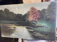 Oil Painting Landscape Sky Lake Tree Shore Pond Reed Autumn Art Nouveau