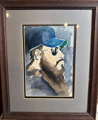 Gibbs 1980 Signed Watercolor Portrait Man Baseball Cap Sunglasses Framed Art