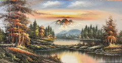 Oil Painting Forest with stand still lake, tall mountain view UNSTRETCHED 24×48”