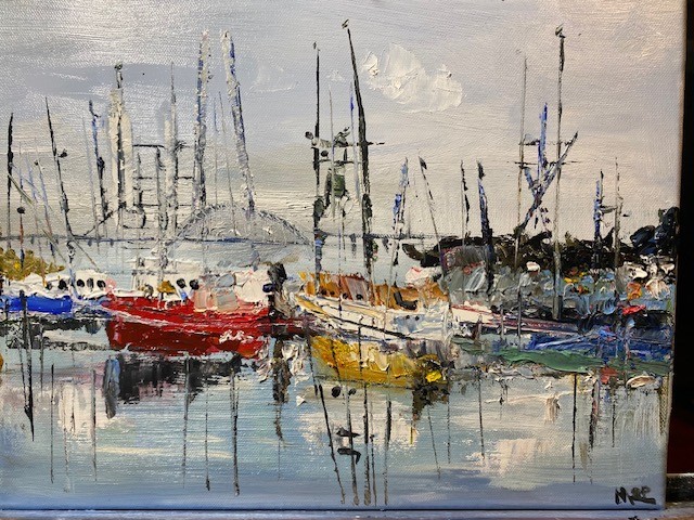 Oil painting Marina RI Sailboats On Canvas All Original!!