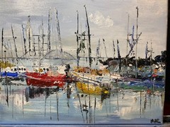 Oil painting Marina RI Sailboats On Canvas All Original!!