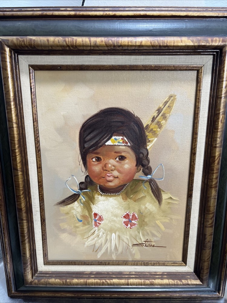 Stone ESKIMO CHILD ORIGINAL OIL ON CANVAS PAINTING CERTIFICATE SEAL ON BACK