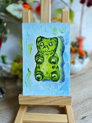 Gummy Bear Green Oil Painting 10×15 cm Pastose Technique Painting on Canvas Fabric