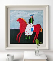 Folk Painting Original Woman Horse Portrait Canvas Outsider Whimsical 10×10 Art