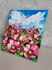 original oil painting Red Poppy Wildflowers Floral Landscape wall art 6*6 in