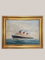 Vintage SS Ile De France Artist Original Oil Painting W. T. Olivea Wood Frame