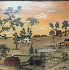 Vintage GLADYS DESMOND New England Farm Landscape FOLK ART Bread Board Painting