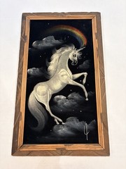 Vintage Wood Framed 22.25″ x 13.25″ Velvet Painting Rainbow UNICORN by J Mexico