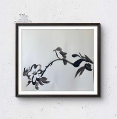 Original Acrylic Painting Monochrome Branch Bird 11×14 Paper Black White Signed