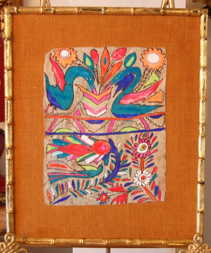 VTG 1960S MEXICAN AMATE BARK PAPER BURLAP FRAMED BIRD FLOWER FOLK ART PAINTING 3