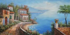 24×48 Stone Path Along Mediterranean Coast In a Pleasant Village Oil Painting