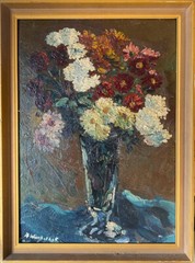 Oil painting by August Winkelhock Still Life Flowers in Vase Gerbera Blossoms