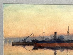 1939 Louis Feuchter Baltimore Maryland Harbor Scene with Masted Steam Ship WPA