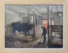 Robert Rasmussen (1893-1933): BARN CLEANING, original oil paintinng, dated 1915