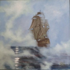 Vintage Lee Reynolds Vanguard Studios Oil Painting Sailing Ship in Fog 40″ x 40″