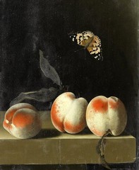 Oil painting still life fruits peaches with insect butterfly canvas