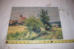 Vintage original painting Saint Vitus Church, Rudolfov, Czechoslovakia