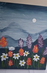 Signed Acrylic Painting, Abstract Mountain Flowers Blooming at Night, 16x20inch
