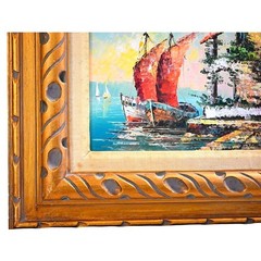 Pair Mid-Century Oil Paintings Signed Rico + Harbor Scene–Palette Knife–Framed