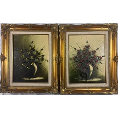 Vintage Pair of Still Life Floral Oil Paintings Ornate Baroque Gold Frames 22×18