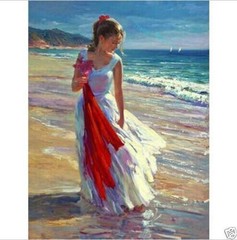MQ705 Stretched Canvas Frame / Unframed Handmade Girl By Sea Oil Painting