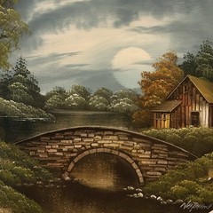 Vintage Oil Painting Nathan Winters Large 31 x 27 Vignette Rustic Night Bridge