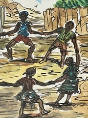 2 Vintage Jamaican Folk Art Watercolor Village Life Games Signed Canute Davis