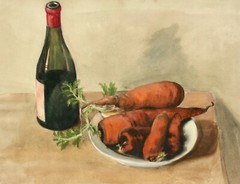 Still Life with Red Wine Bottle & Yellow Beets, Carrots, Watercolour, Gouache, 20th century