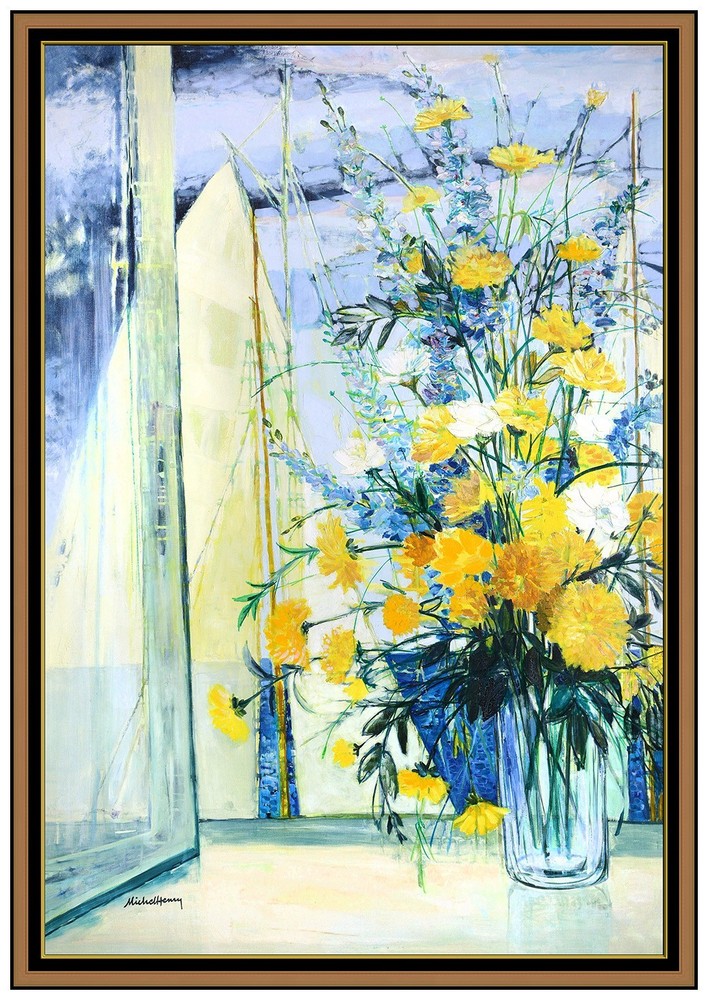 Michel Henry Large Original Painting Oil On Canvas Floral Still Life Signed Art