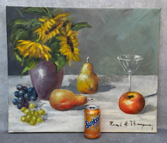STILL LIFE OIL PAINTING PAUL A. ILLEGIBLE SUNFLOWERS FRUITS WINE GLASS 20TH C.