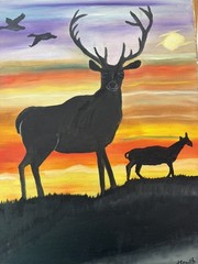 Original oil painting 11 x 14 inches buck deer in silhouette at sunset