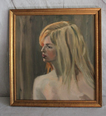 ORIG VINTAGE OIL PAINTING PORTRAIT BEAUTIFUL BLOND WOMAN GIRL FRAMED FOLK ART