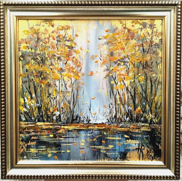 Original Oil Painting 6×6 in Framed Signed Autumn Forest Landscape Impasto Art