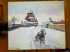 OLD TOWN WINTER LANDSCAPE OIL CANVAS PAINTING RUSSIAN SIGNED LISTED LARGE RARE!!