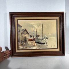 Vintage W. Tony Boats On Harbor Art Painting Seagulls Shacks Seascape Coastal