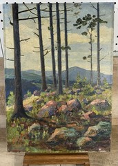 1925 Fritz Heidle German Forest Landscape Oil On Canvas Pines Alpine