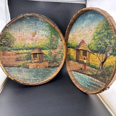 Vintage Scenic Painting On Basket Tropical Agriculture Aignacio 1945 Boy Ox Cart