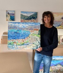 Italian Coastal Town Impasto Oil Painting On Canvas Abstract Italy Seascape