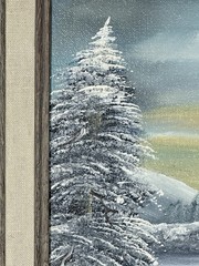 Winter Landscape Oil Painting Signed Barrister, Snow Scene in Rustic Wood Frame