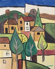 Cubist Village Houses Trees Acrylic Original Art 14×11 Canvas