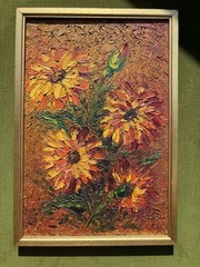 Vintage Mid Century Textured Impasto Oil Painting Floral Sunflowers Bouquet