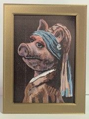 Pig With a Pearl Earring ACEO Art Print – Framed Mini Vermeer Parody 2.5 x 3.5