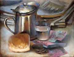 Yuans with Bread, Water, Coins and Canister 16 x20 in Oil canvas HALL GROAT II