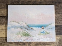 Vintage Gibson Beach Oil Painting Sand Dunes Ocean Seagulls Textured 10×10
