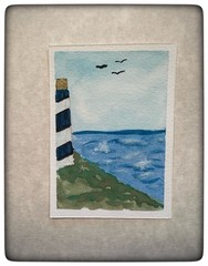 Original ACEO Miniature Watercolor Painting Lighthouse Seascape Birds Unframed