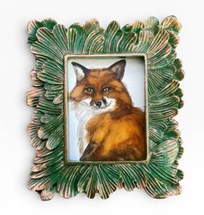 Red Fox mini watercolor animal print in green & gold vintage style ornate frame
