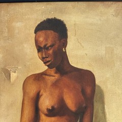 Vintage 1948 Edmund Brucker? Signed Portrait of Nude African Lady in Metal Frame